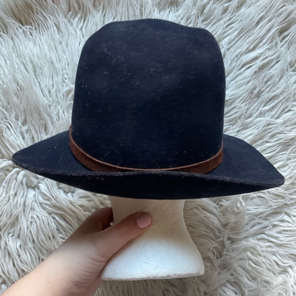 Rag & Bone Navy Blue Felted Wool Brow Leather Strap Fedora Hat EUC Size Medium main image 4